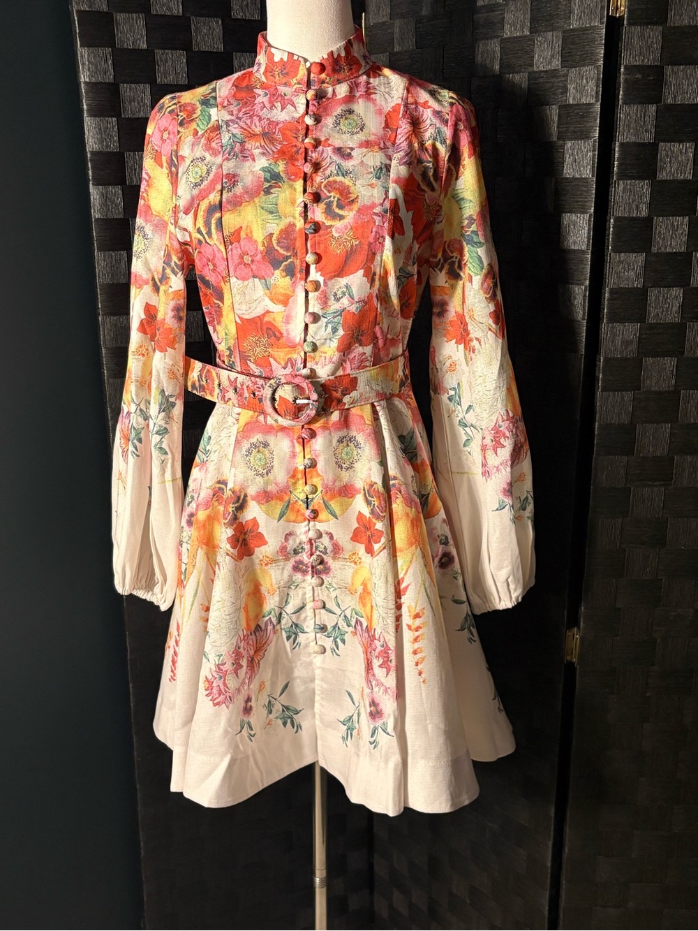 Beulah Style Floral Button Front Belted Mini Dress M New